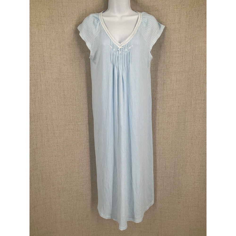 Miss Elaine Nightgown Women S Blue White Pin Striped Lace Trim Long Grandma Core